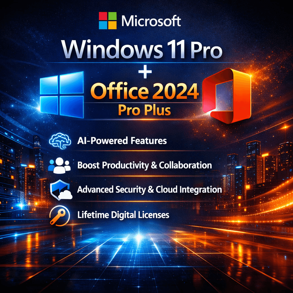 Windows 11 Pro + Office 2024 Pro Plus Bundle | Genuine Lifetime License Pack