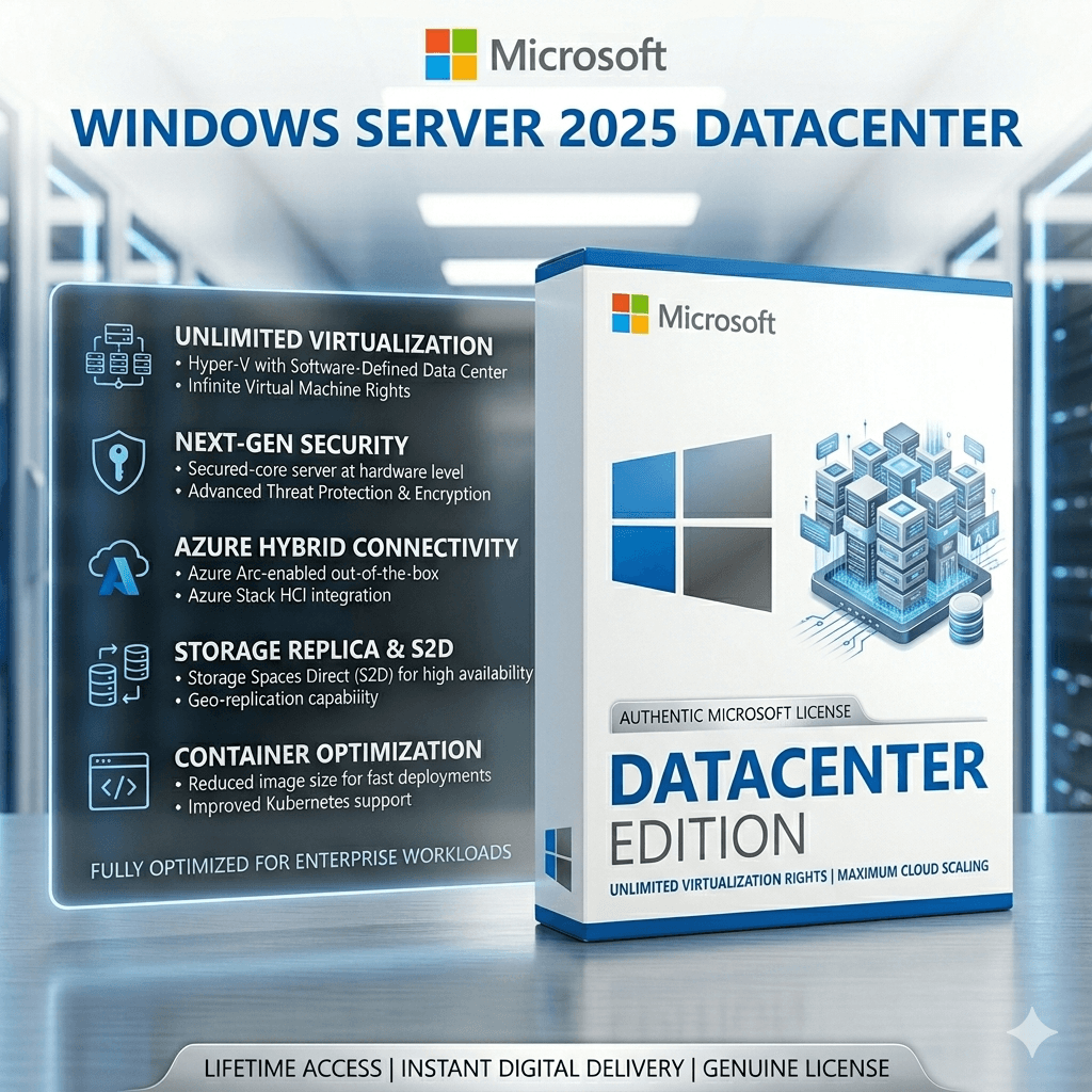 Windows Server 2025 Datacenter – 16 Core License | Unlimited VMs & Genuine Perpetual Key