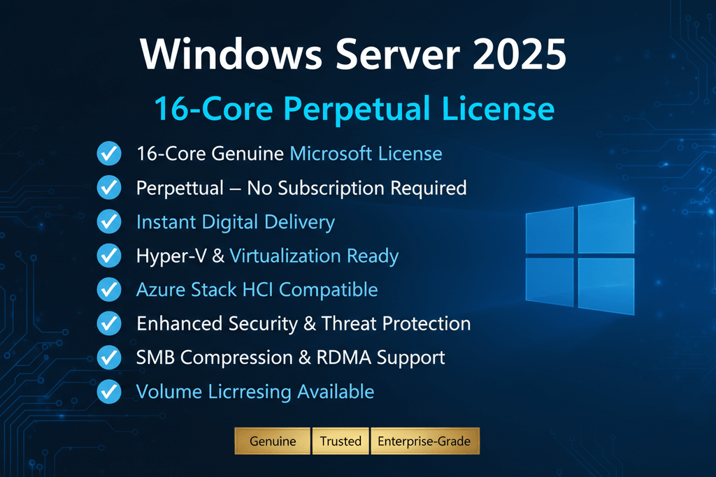 Microsoft Windows Server 2025 Standard – 16 Core License (EP2-25187) | Genuine Perpetual Key